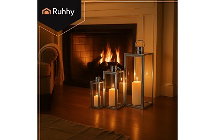 Duża zestaw trzech srebrnych lampionów (63, 49, 38 cm) na świece i dekoracje