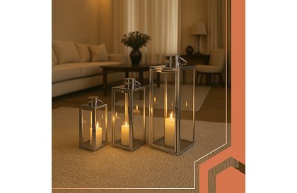 Duża zestaw trzech srebrnych lampionów (63, 49, 38 cm) na świece i dekoracje
