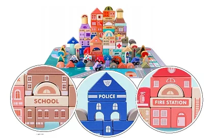 Drewniane klocki – Miasto 115 szt. z podkładką