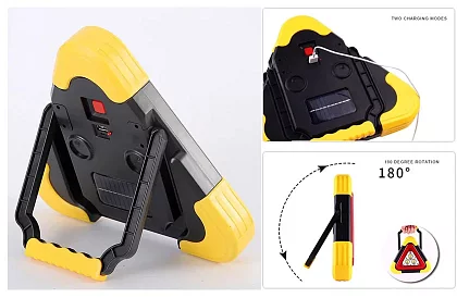 LED trójkąt ostrzegawczy z latarką, powerbankiem i ładowaniem solarnym