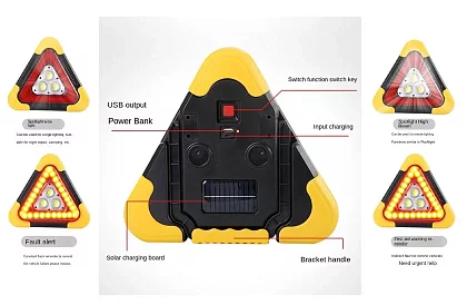 LED trójkąt ostrzegawczy z latarką, powerbankiem i ładowaniem solarnym