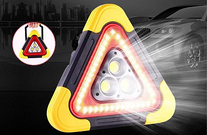 LED trójkąt ostrzegawczy z latarką, powerbankiem i ładowaniem solarnym