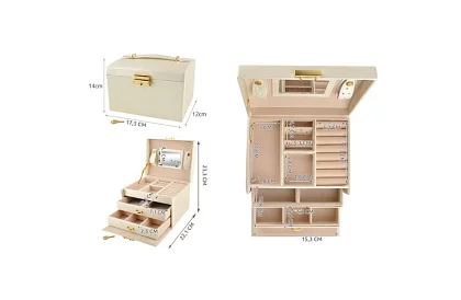 Elegancka szkatułka na biżuterię – beżowa z zamkiem i satynowym wykończeniem