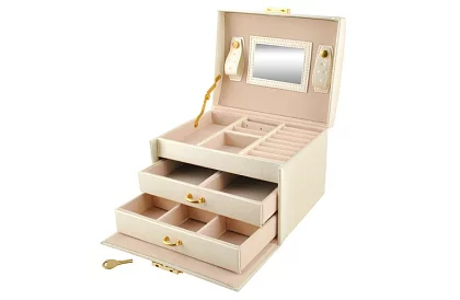 Elegancka szkatułka na biżuterię – beżowa z zamkiem i satynowym wykończeniem