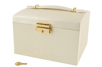Elegancka szkatułka na biżuterię – beżowa z zamkiem i satynowym wykończeniem