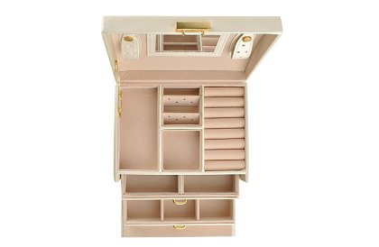 Elegancka szkatułka na biżuterię – beżowa z zamkiem i satynowym wykończeniem