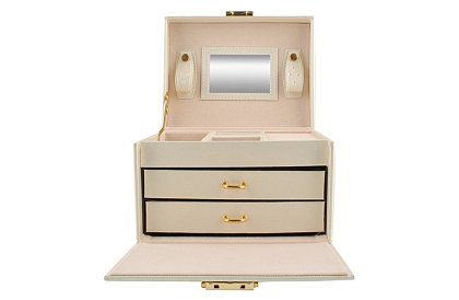 Elegancka szkatułka na biżuterię – beżowa z zamkiem i satynowym wykończeniem