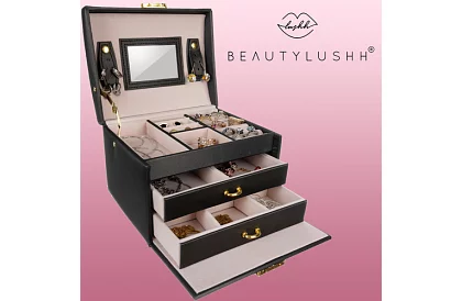 Elegancka szkatułka na biżuterię – czarna z zamkiem i satynowym wykończeniem