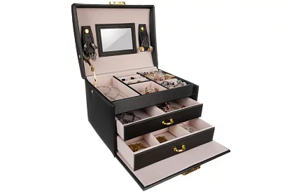 Elegancka szkatułka na biżuterię – czarna z zamkiem i satynowym wykończeniem