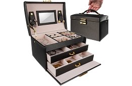 Elegancka szkatułka na biżuterię – czarna z zamkiem i satynowym wykończeniem