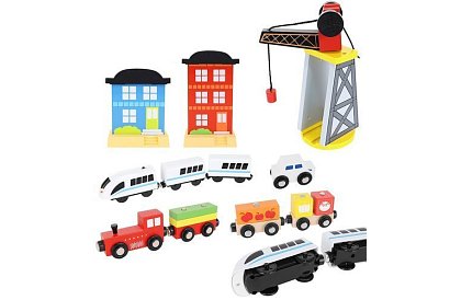 Drewniana kolejka z pociągiem na baterie – 88 elementów