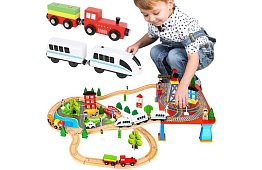 Drewniana kolejka z pociągiem na baterie – 88 elementów
