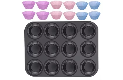 Teflonowa blacha do pieczenia na muffiny + 12 silikonowych foremek