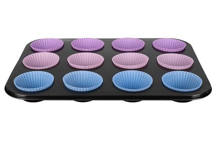 Teflonowa blacha do pieczenia na muffiny + 12 silikonowych foremek
