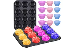 Teflonowa blacha do pieczenia na muffiny + 12 silikonowych foremek