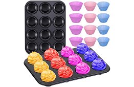 Teflonowa blacha do pieczenia na muffiny + 12 silikonowych foremek