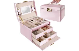 Elegancka szkatułka na biżuterię – różowa z zamkiem i satynowym wykończeniem