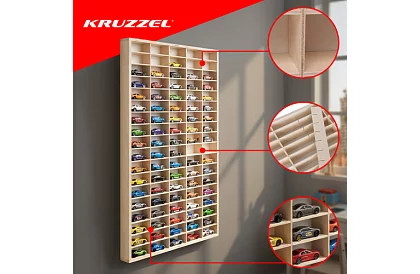 Drewniana półka - organizer na samochodziki - 90 przegródek