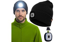 Dwuwarstwowa zimowa czapka z latarką LED - czarna