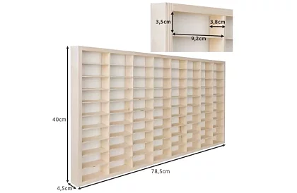 Drewniana półka – organizer na samochodziki – 80 przegródek