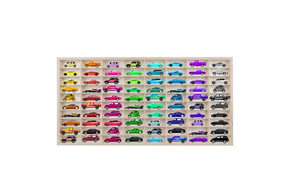 Drewniana półka – organizer na samochodziki – 80 przegródek