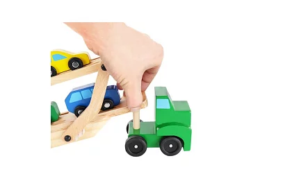 Drewniana ciężarówka do transportu samochodów z autkami