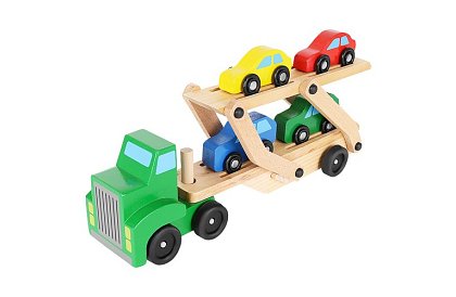 Drewniana ciężarówka do transportu samochodów z autkami