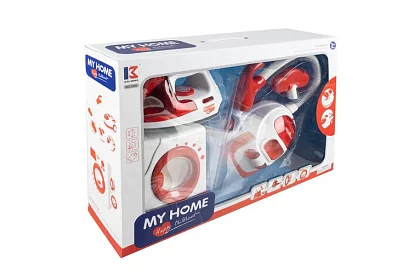 Zestaw urządzeń domowych – żelazko, pralka, odkurzacz