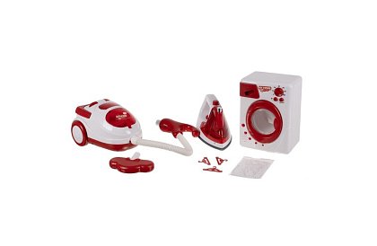 Zestaw urządzeń domowych – żelazko, pralka, odkurzacz