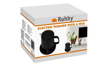 Elektrczny podgrzewacz napojów – zestaw podgrzewacza, kubek, łyżeczka i pokrywka