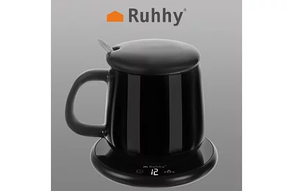 Elektrczny podgrzewacz napojów – zestaw podgrzewacza, kubek, łyżeczka i pokrywka