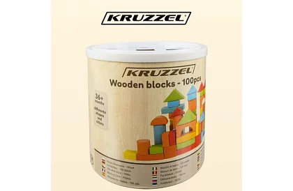 Drewniane klocki w wiaderku z sorterem kształtów – 100 szt.