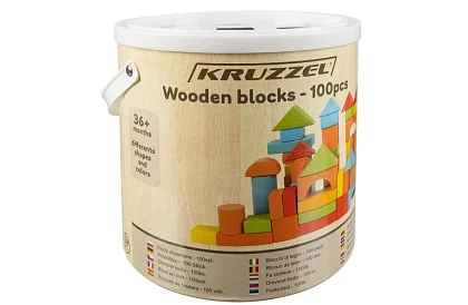 Drewniane klocki w wiaderku z sorterem kształtów – 100 szt.