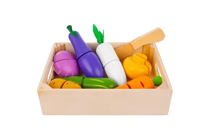 Drewniane owoce i warzywa do krojenia - w skrzynce